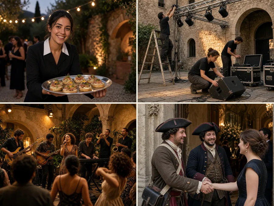 Equipo de producción de eventos: camarera con canapés, técnicos montando luces y monitores, una banda de funk y actores de época recibiendo a los invitados