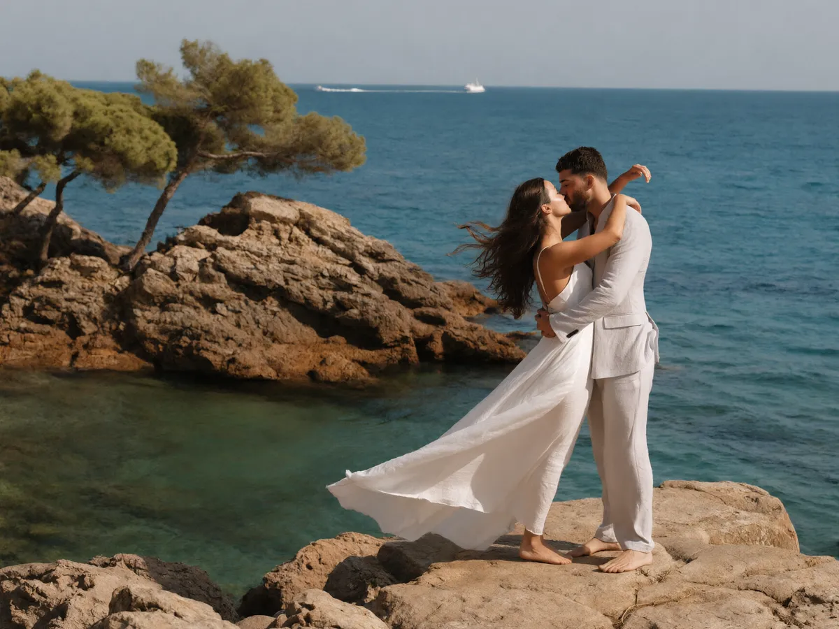 Una pareja de recién casados besándose descalzos sobre las rocas de una cala turquesa con pinos